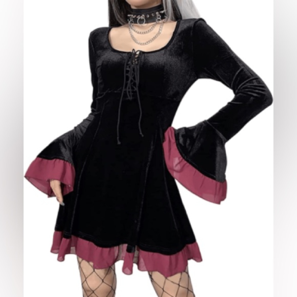 Plus Size Gothic Lace Up Black Velvet Long Flare Sleeve Mini Dress Whimsigoth